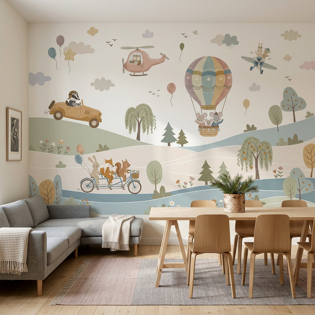 Balonlu Orman Hayvanları Poster Duvar Kağıdı Çocuk Odası Pastel