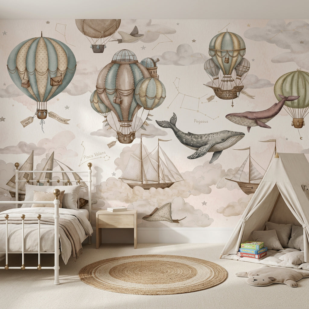 Balon ve Balinalı Poster Duvar Kağıdı Çocuk Odası Bej