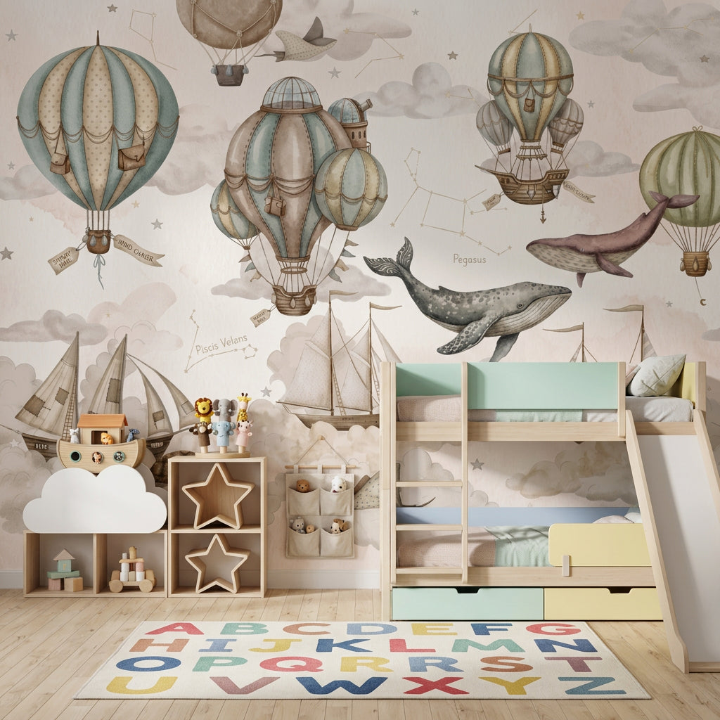 Balon ve Balinalı Poster Duvar Kağıdı Çocuk Odası Bej