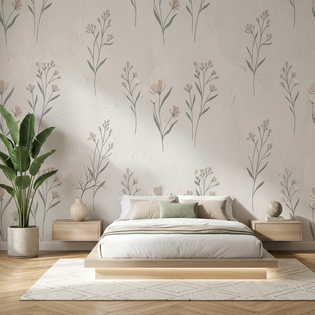 Minimal Çiçek Desenli Poster Duvar Kağıdı Bej Yeşil Yatak Odası