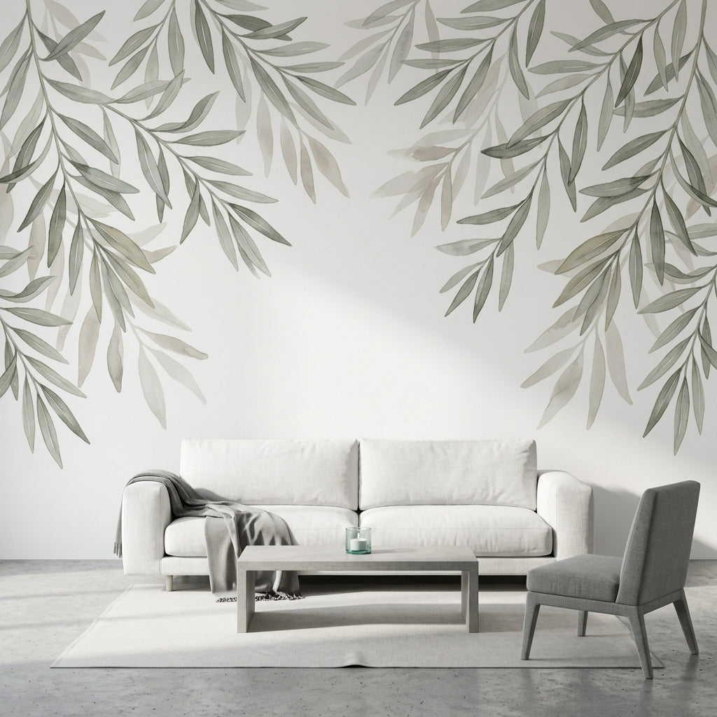 Zeytin Dalı Desenli Poster Duvar Kağıdı Gri Yeşil Salon