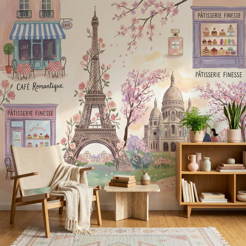 Paris Manzaralı Poster Duvar Kağıdı Pastel Romantik Kafe Teması