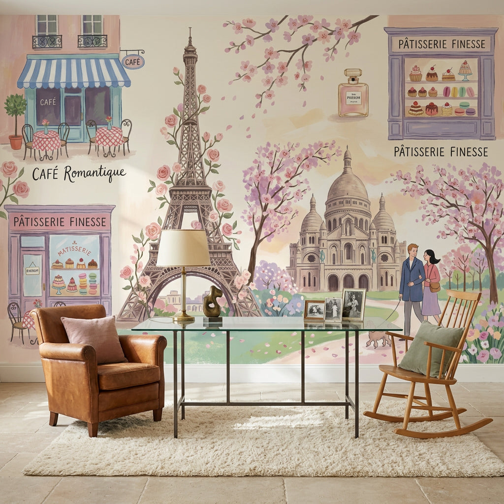 Paris Manzaralı Poster Duvar Kağıdı Pastel Romantik Kafe Teması