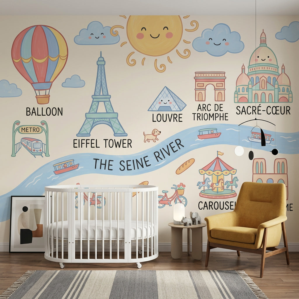 Paris Haritalı Çocuk Poster Duvar Kağıdı Pastel Şehir Teması
