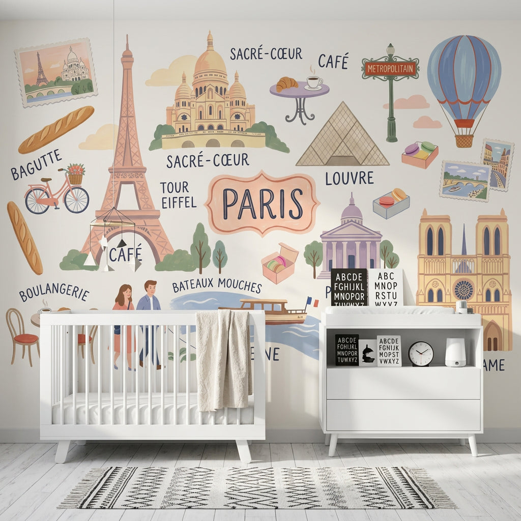Paris Temalı Poster Duvar Kağıdı Pastel Renkli Çocuk Odası