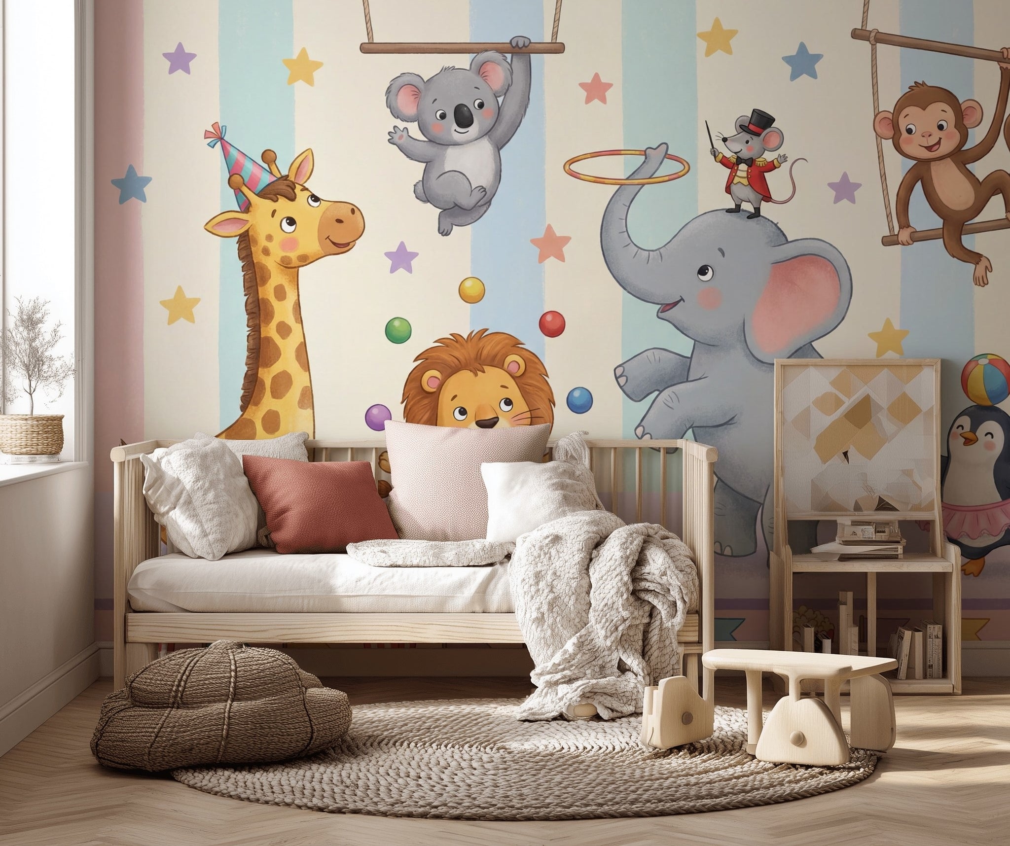 Sirk Hayvanları Poster Duvar Kağıdı Pastel Çocuk Odası Çizgili