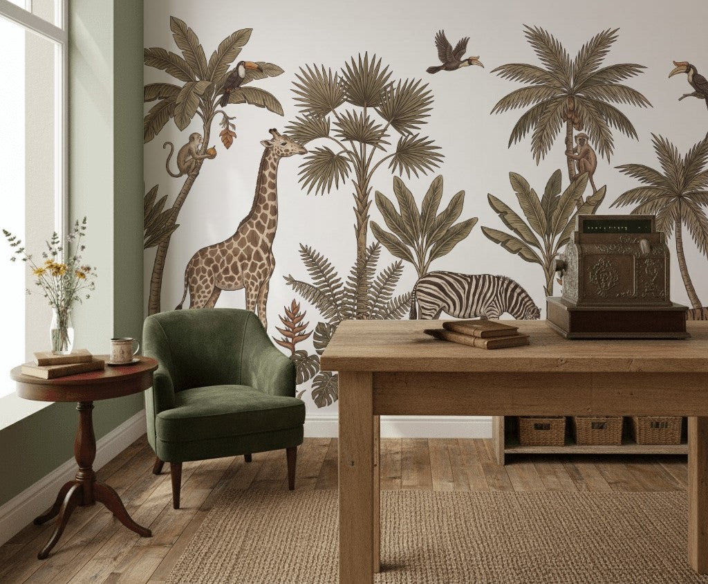 Safari Hayvanlı Poster Duvar Kağıdı Bej Jungle Desenli