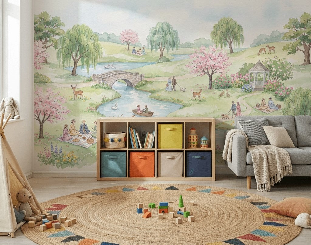 Pastel Park Manzaralı Poster Duvar Kağıdı Yeşil Pembe Desenli