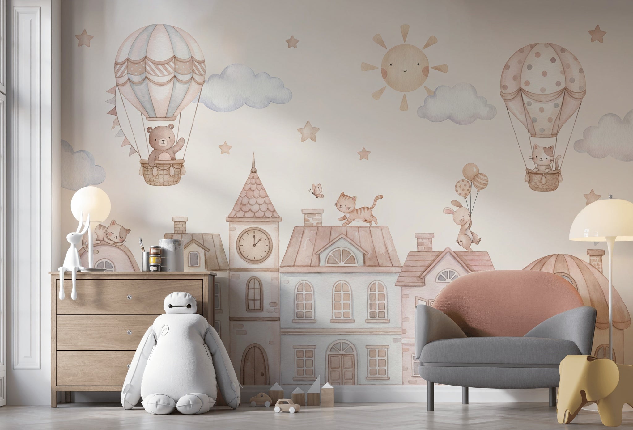 Uçan Balonlu Sevimli Hayvanlı Poster Duvar Kağıdı Bebek Odası