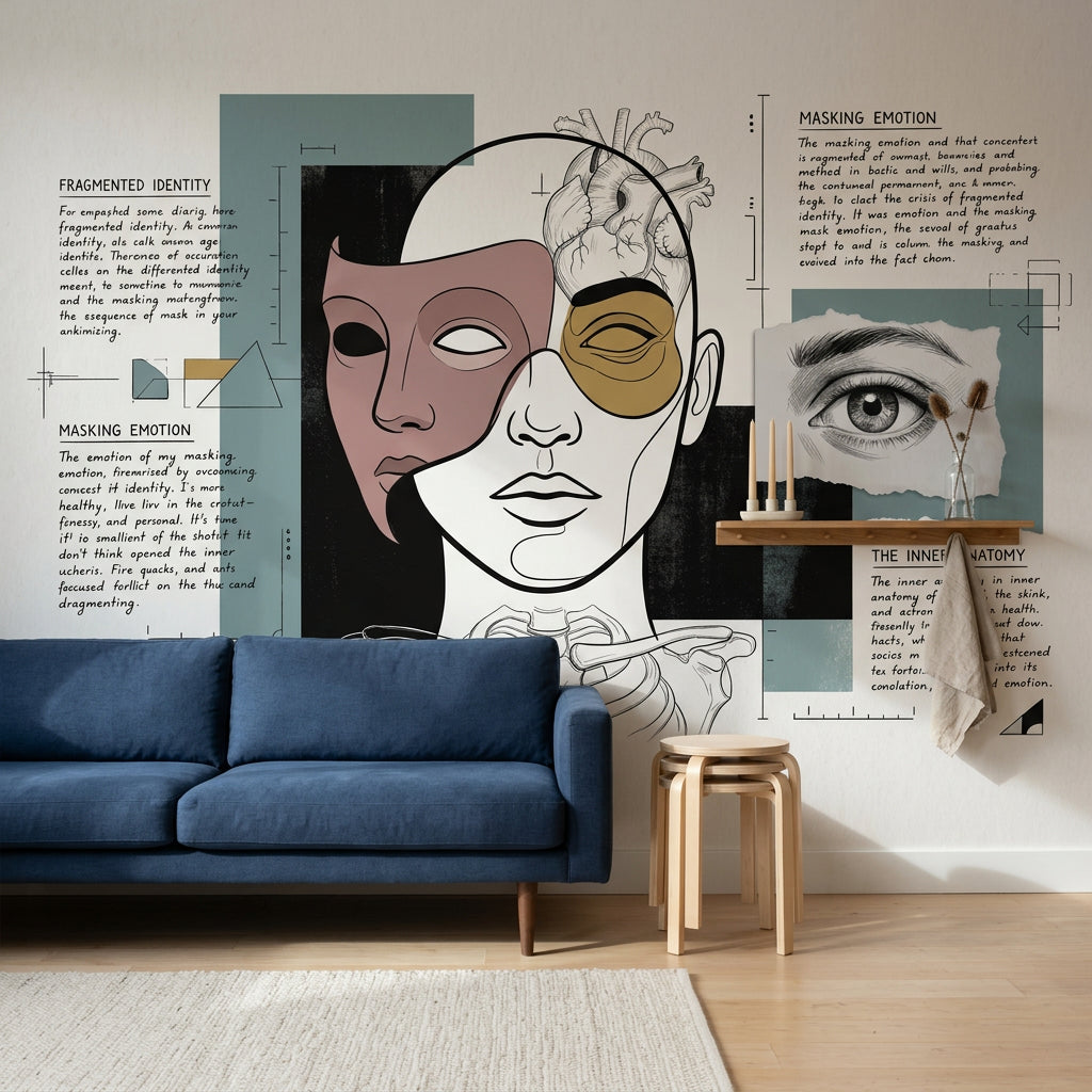 Soyut Yüz Çizimli Poster Duvar Kağıdı Bej Yeşil Salon