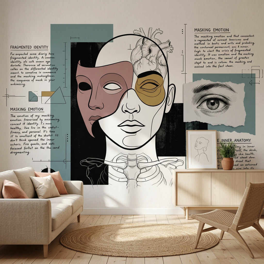 Soyut Yüz Çizimli Poster Duvar Kağıdı Bej Yeşil Salon