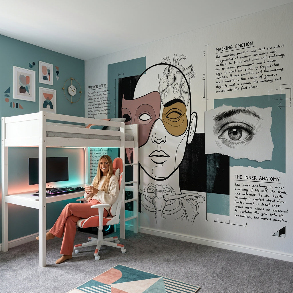 Soyut Yüz Çizimli Poster Duvar Kağıdı Bej Yeşil Salon