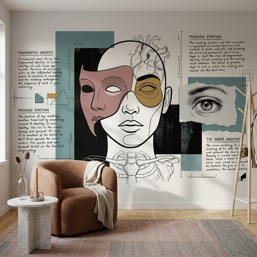 Soyut Yüz Çizimli Poster Duvar Kağıdı Bej Yeşil Salon
