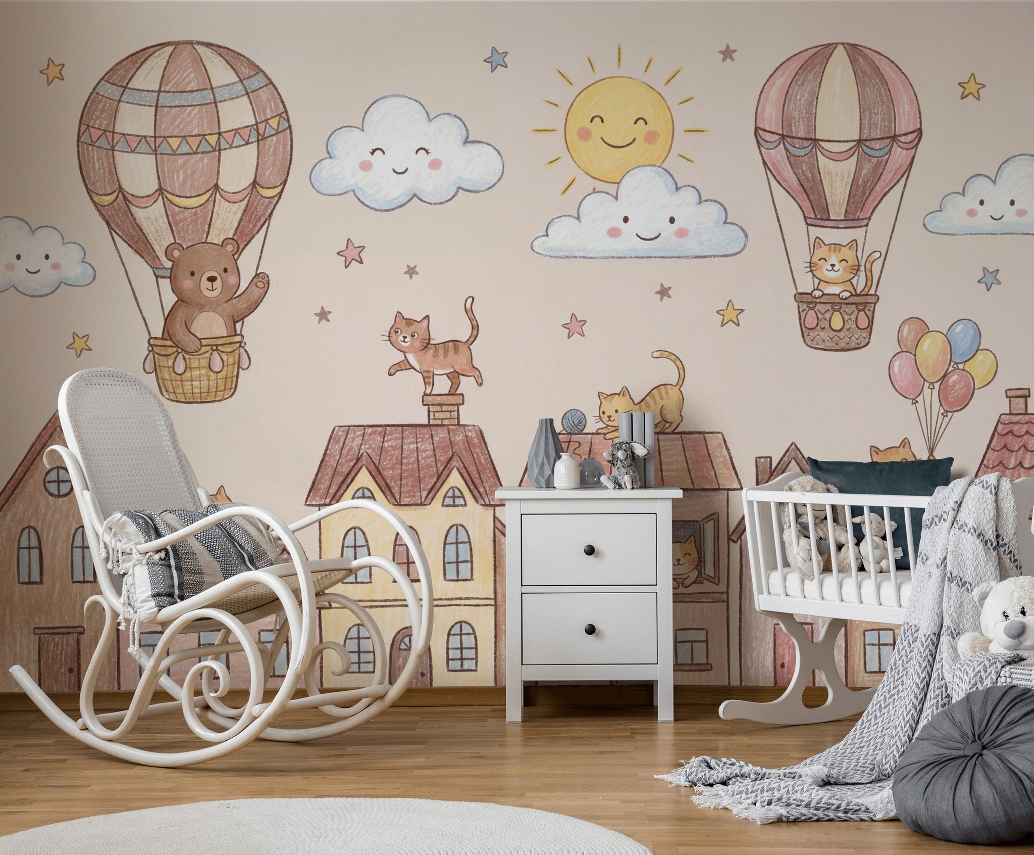 Balon ve Sevimli Hayvanlı Poster Duvar Kağıdı Bebek Odası