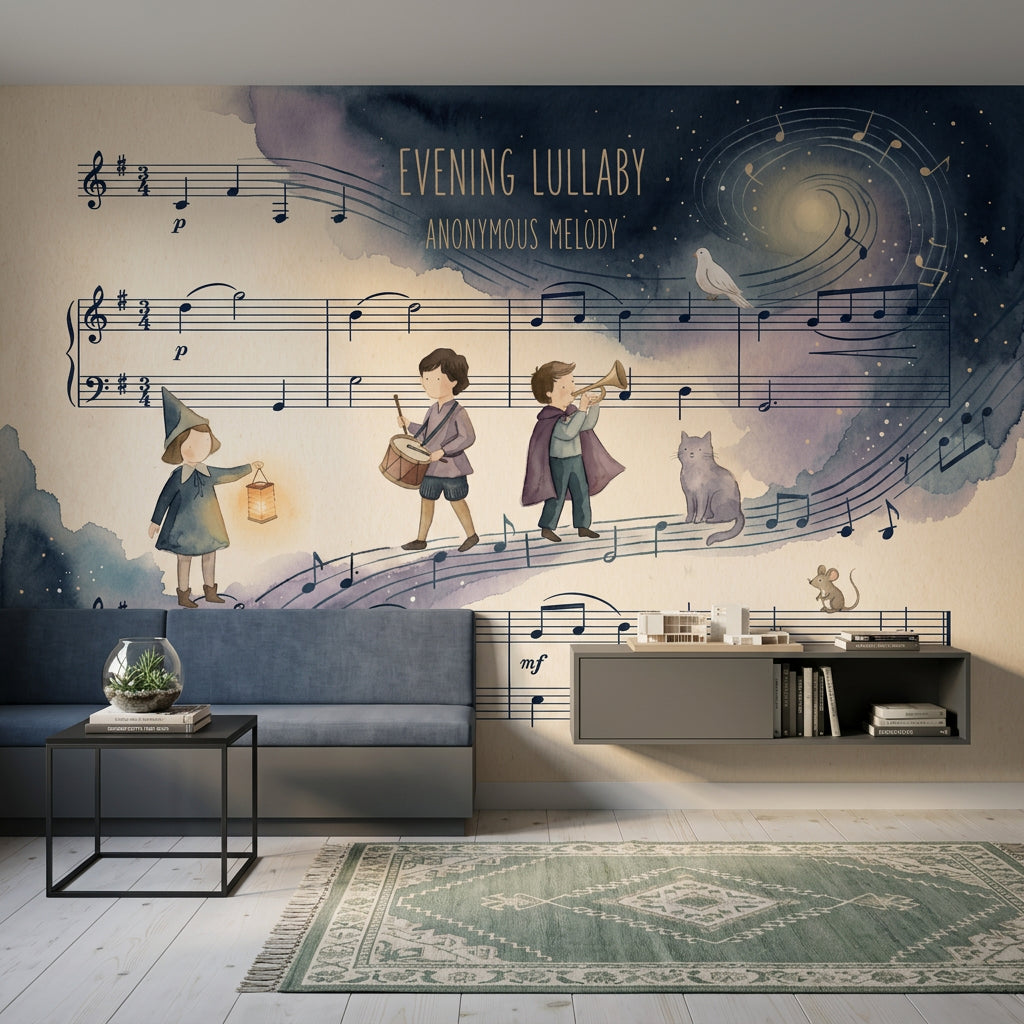 Müzik Notası ve Çocuk Figürlü Poster Duvar Kağıdı Lacivert