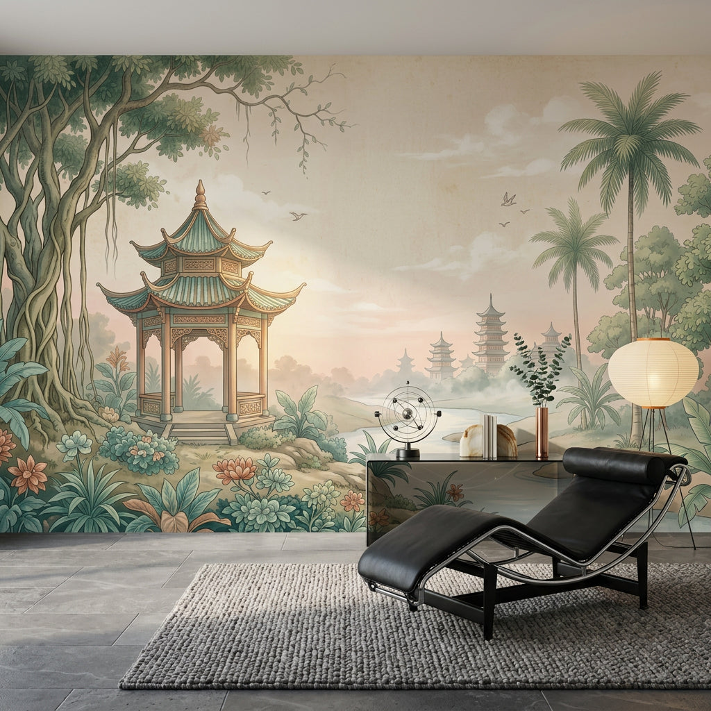 Asya Pagoda Manzaralı Poster Duvar Kağıdı Yeşil Bej Salon