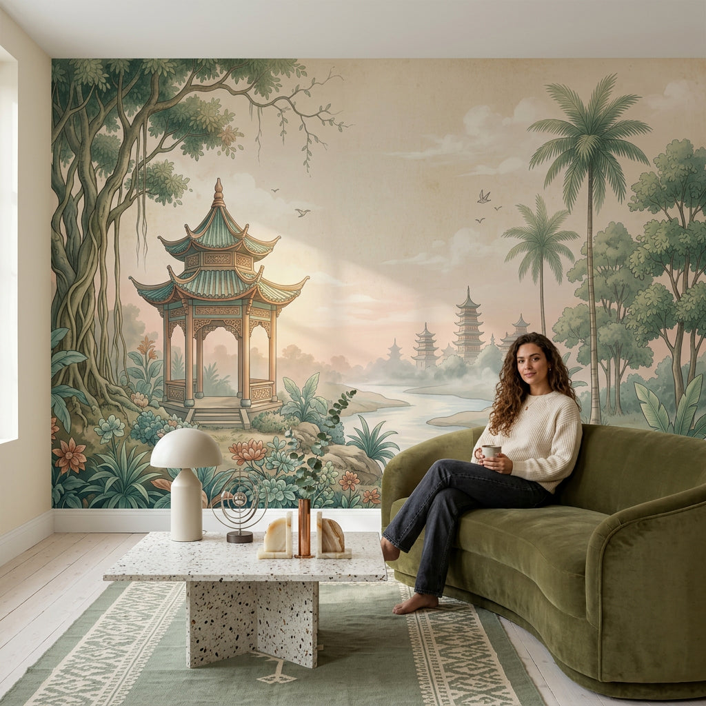 Asya Pagoda Manzaralı Poster Duvar Kağıdı Yeşil Bej Salon