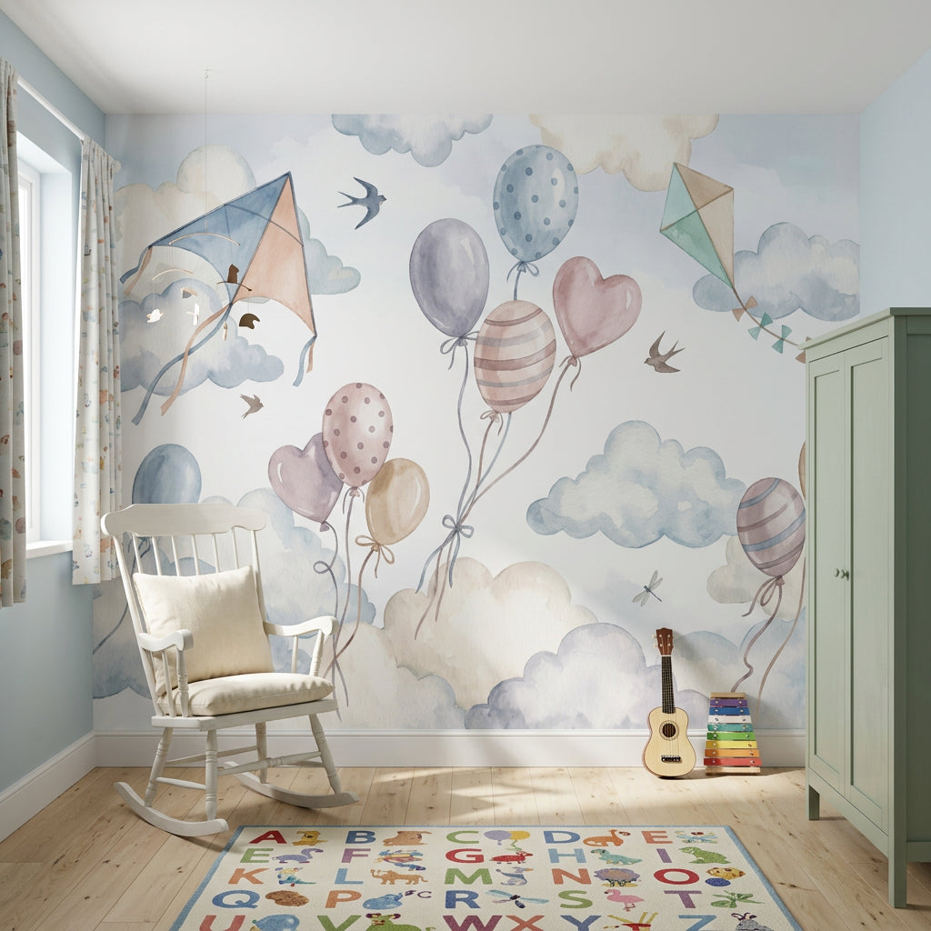 Balon ve Uçurtmalı Poster Duvar Kağıdı Pastel Bebek Odası