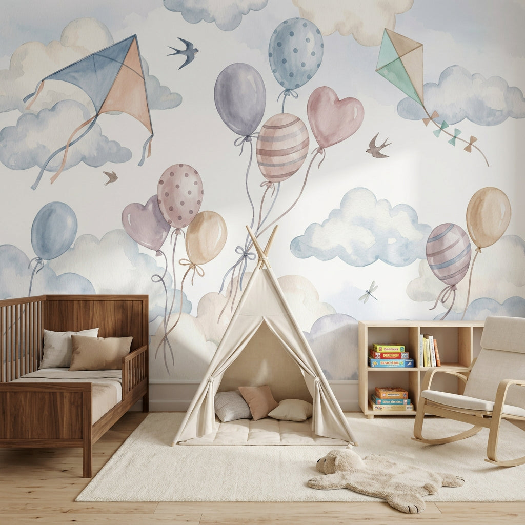Balon ve Uçurtmalı Poster Duvar Kağıdı Pastel Bebek Odası