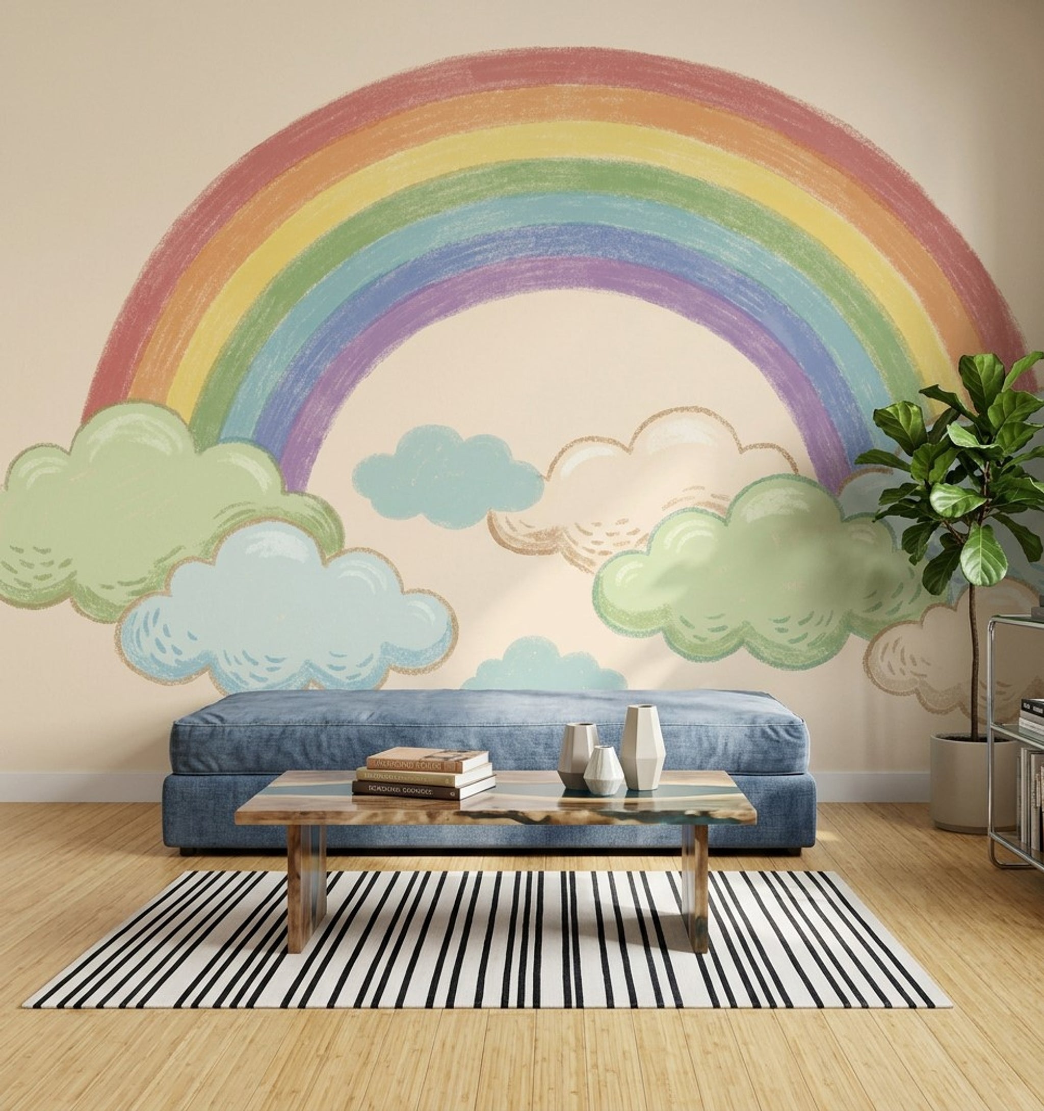 Gökkuşağı ve Bulutlu Poster Duvar Kağıdı Pastel Çocuk Odası