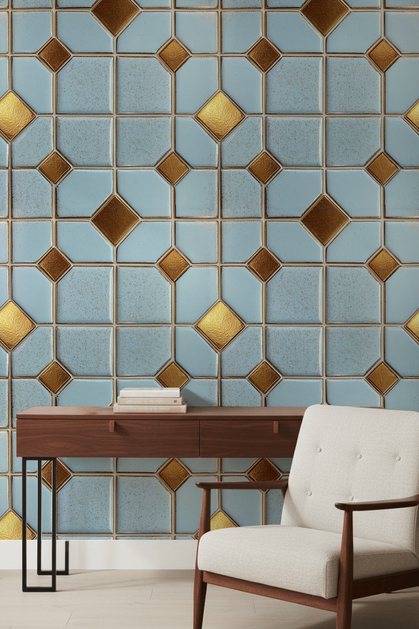 Geometrik Çini Desenli Duvar Kağıdı Mavi Sarı Salon