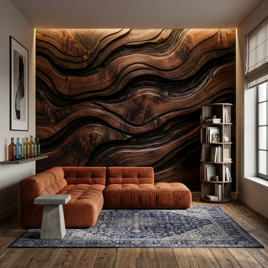 Ahşap Dalgalı Poster Duvar Kağıdı Kahverengi Modern Salon