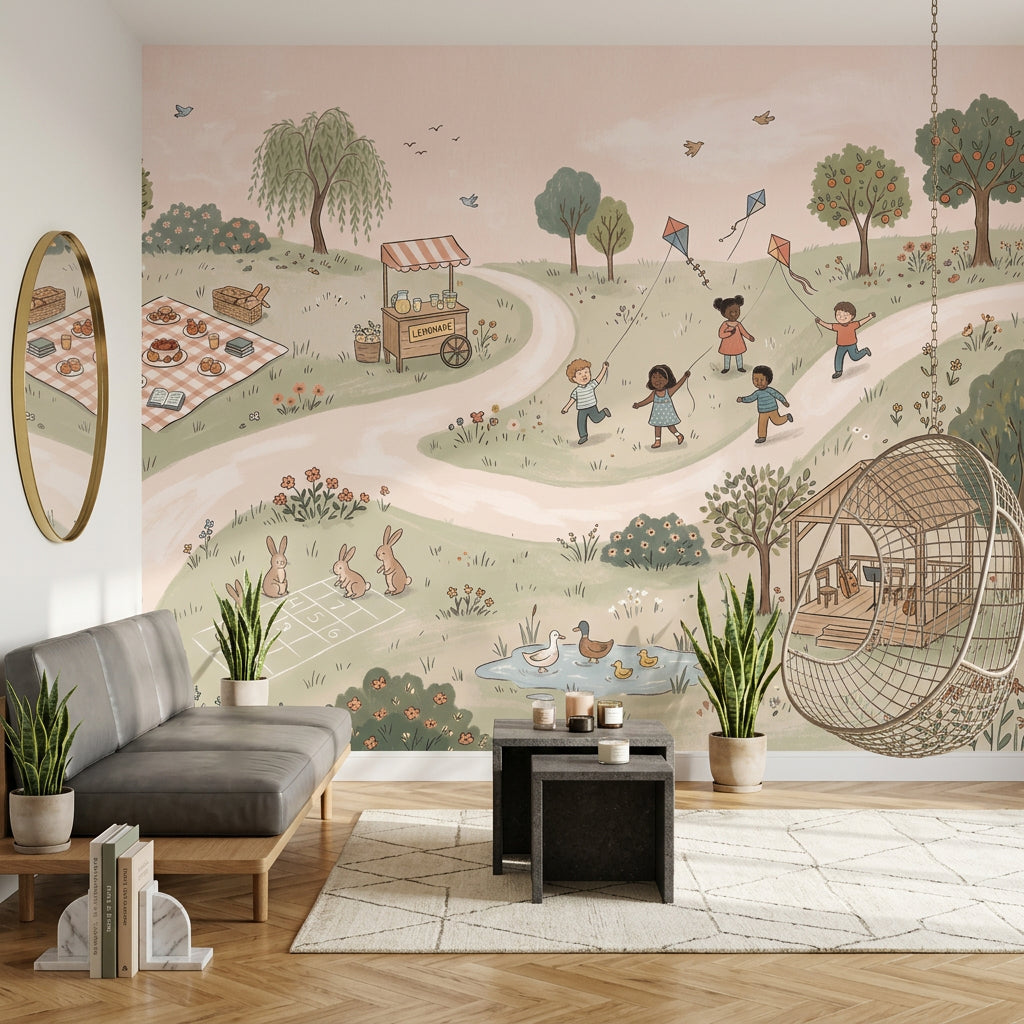 Parkta Uçurtmalı Çocuklar Poster Duvar Kağıdı Pastel Çocuk Odası