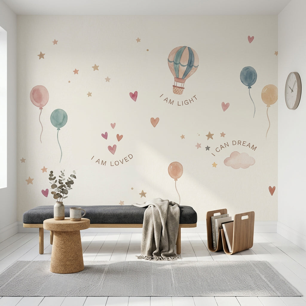 Balon ve Yıldızlı Poster Duvar Kağıdı Bebek Odası Pastel