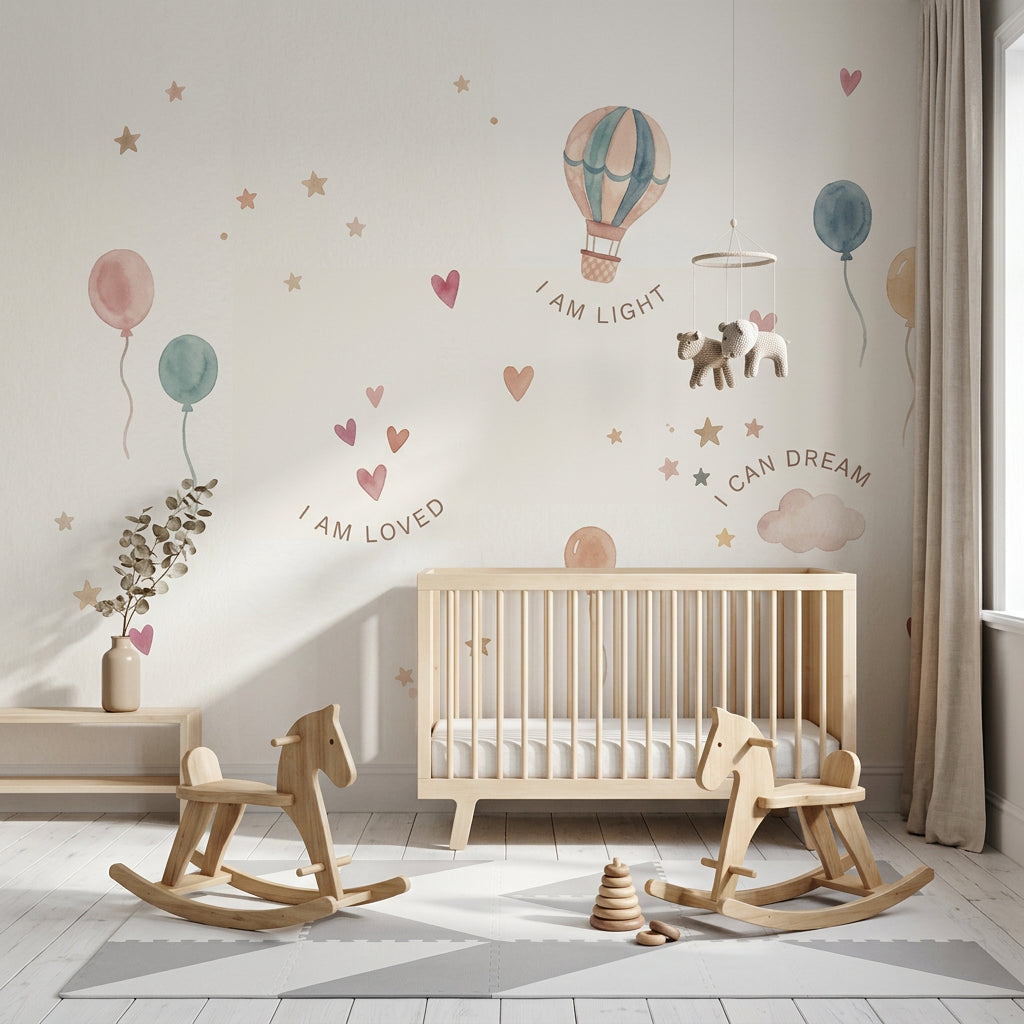 Balon ve Yıldızlı Poster Duvar Kağıdı Bebek Odası Pastel