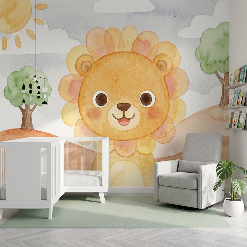 Sevimli Aslanlı Poster Duvar Kağıdı Sulu Boya Bebek Odası