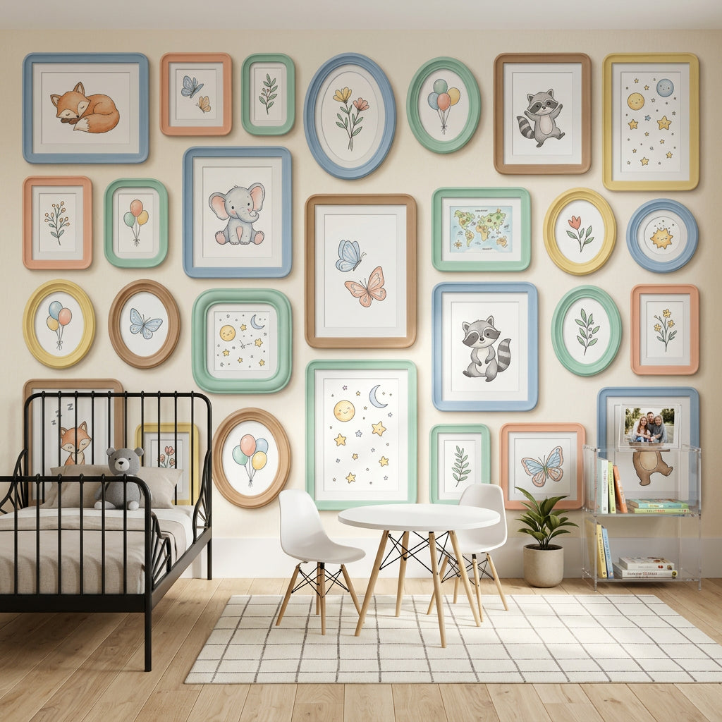 Pastel Çerçeveli Hayvanlı Poster Duvar Kağıdı Bebek Odası