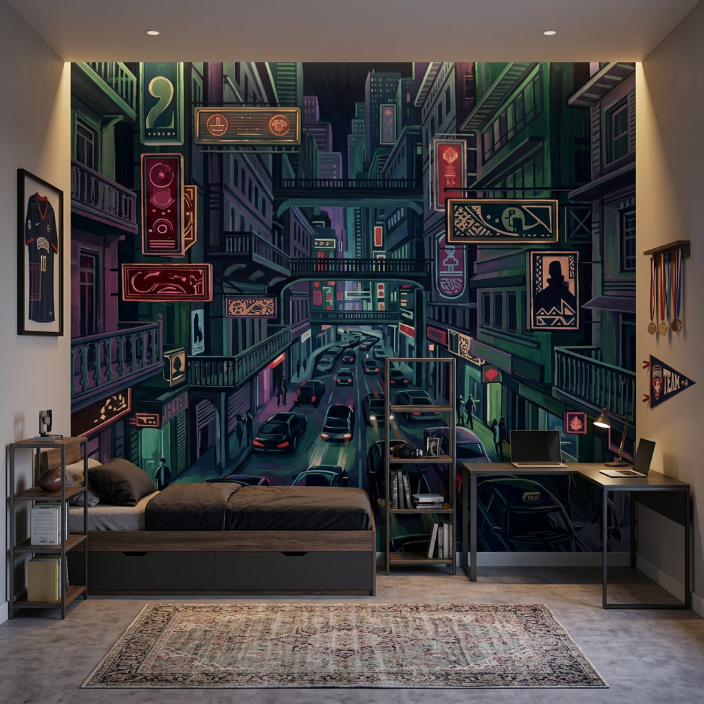 Neon Şehir Manzaralı Poster Duvar Kağıdı Koyu Ton Salon