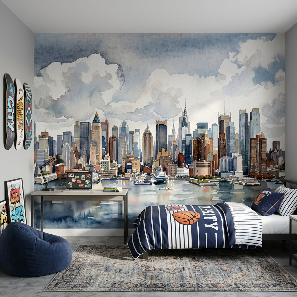 New York Silüeti Poster Duvar Kağıdı Suluboya Şehir Manzarası