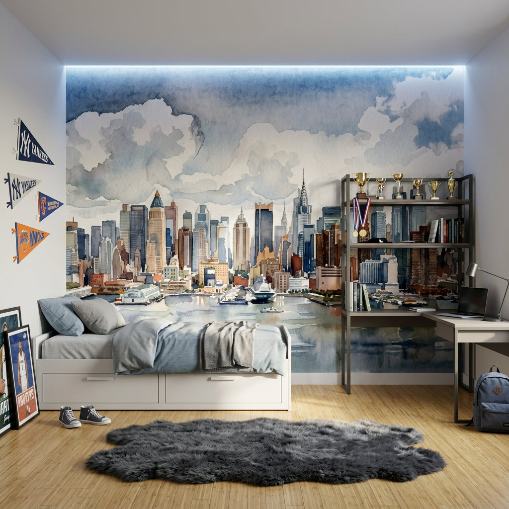 New York Silüeti Poster Duvar Kağıdı Suluboya Şehir Manzarası