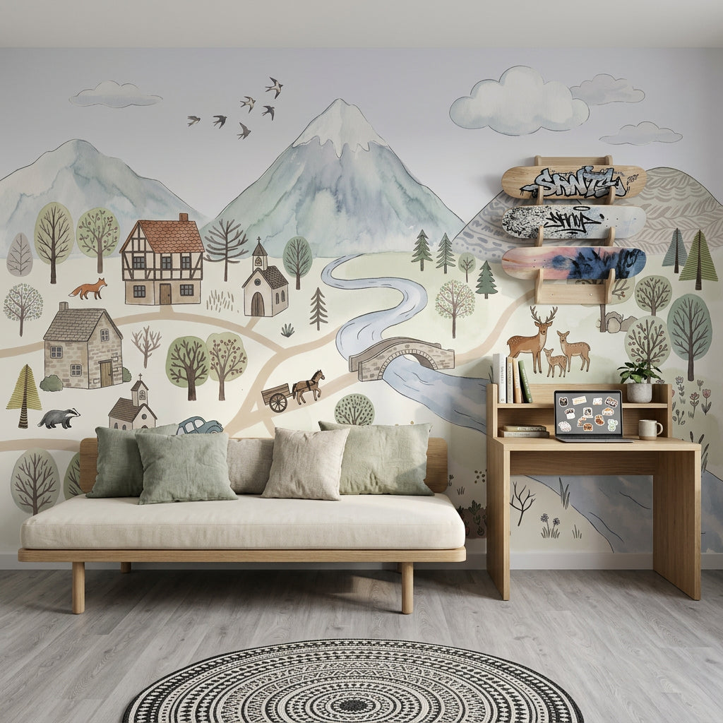 Masalsı Köy Manzaralı Poster Duvar Kağıdı Pastel Çocuk Odası