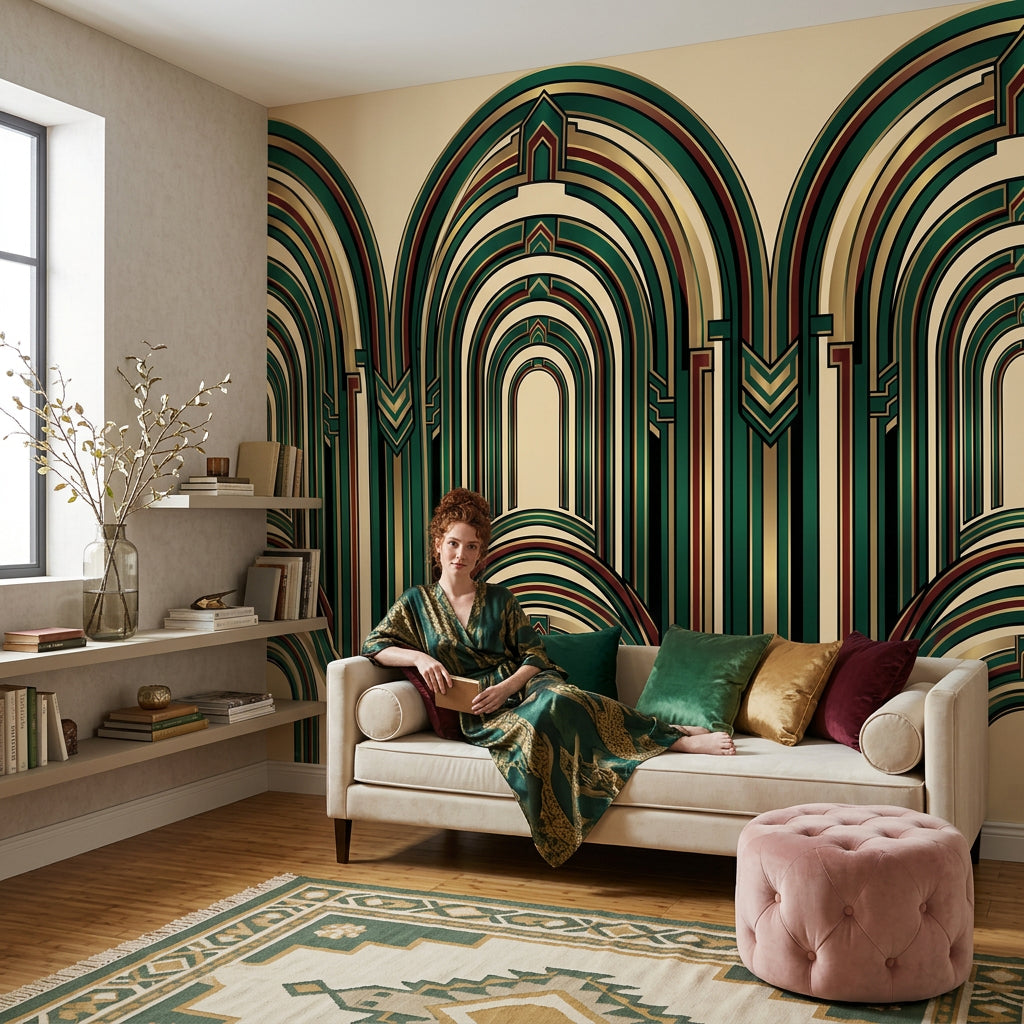 Art Deco Kemerli Poster Duvar Kağıdı Zümrüt Yeşil Salon