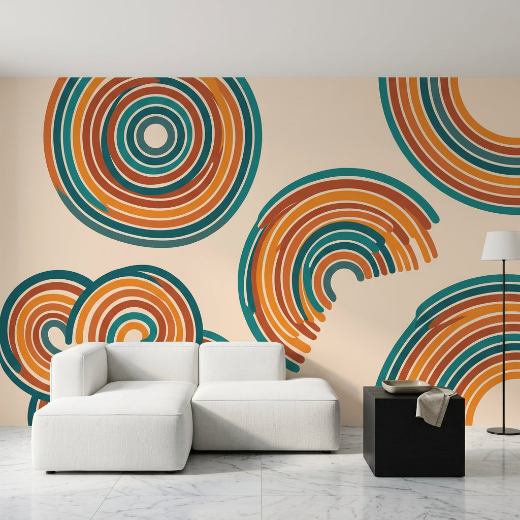 Retro Geometrik Daireli Poster Duvar Kağıdı Turuncu Petrol Salon