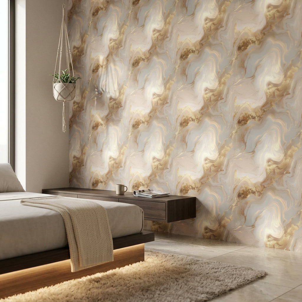 Bej Altın Mermer Desenli Duvar Kağıdı Modern Salon