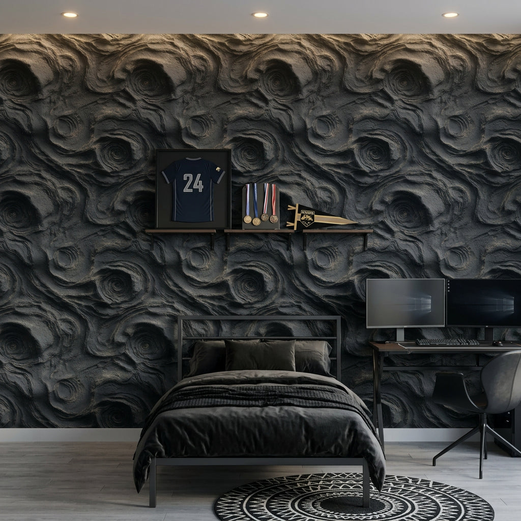 Koyu Taş Görünümlü Duvar Kağıdı Modern Soyut Desenli