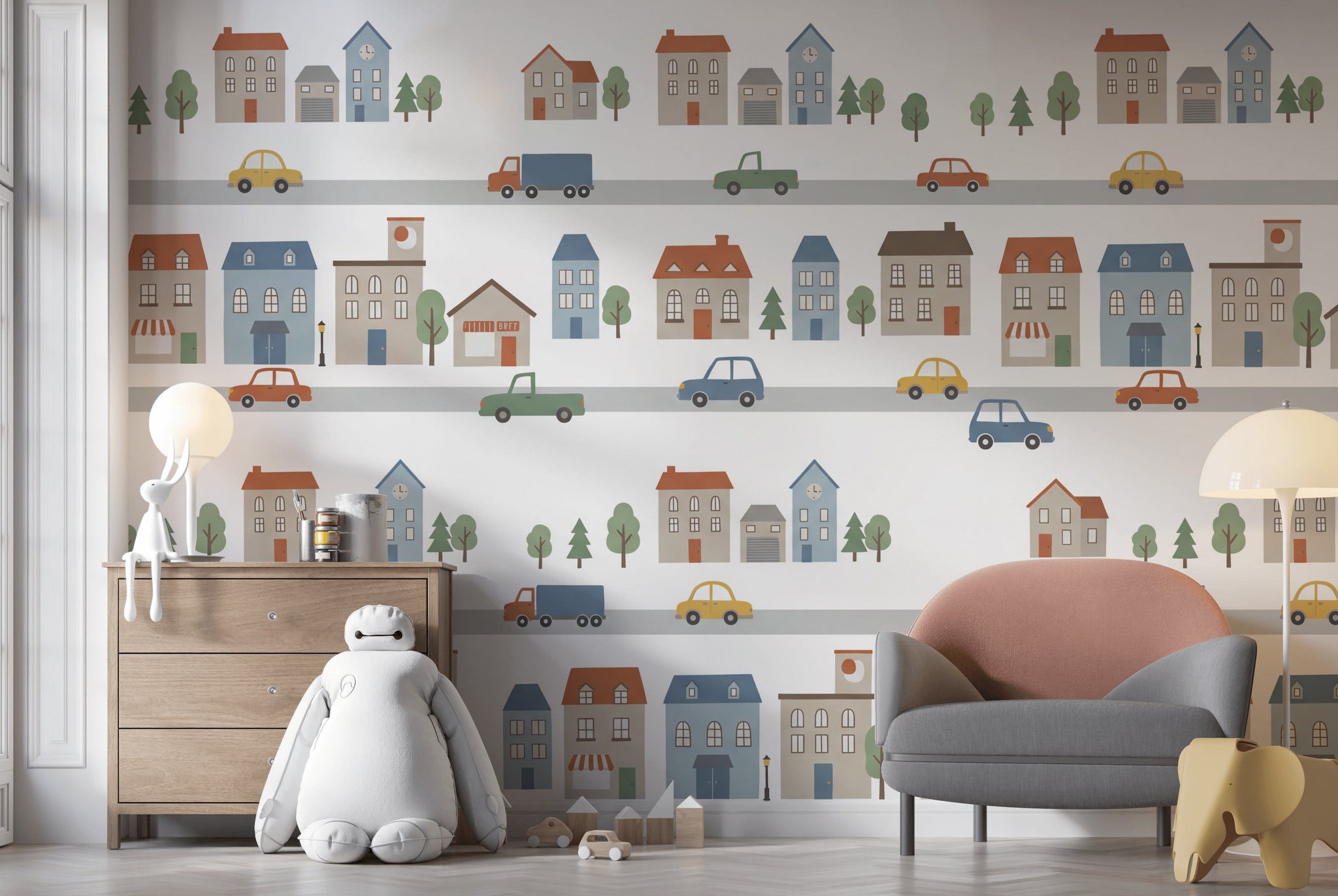 Şehir ve Arabalı Poster Duvar Kağıdı Çocuk Odası Pastel