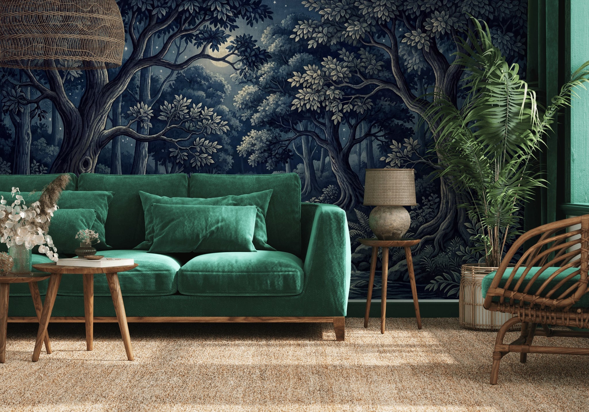 Ay Işıklı Orman Manzarası Poster Duvar Kağıdı Lacivert Salon