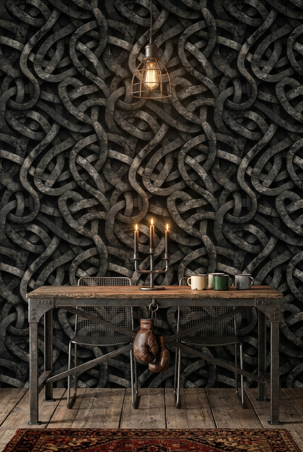 Düğümlü Geometrik Duvar Kağıdı Siyah Bronz Modern Salon