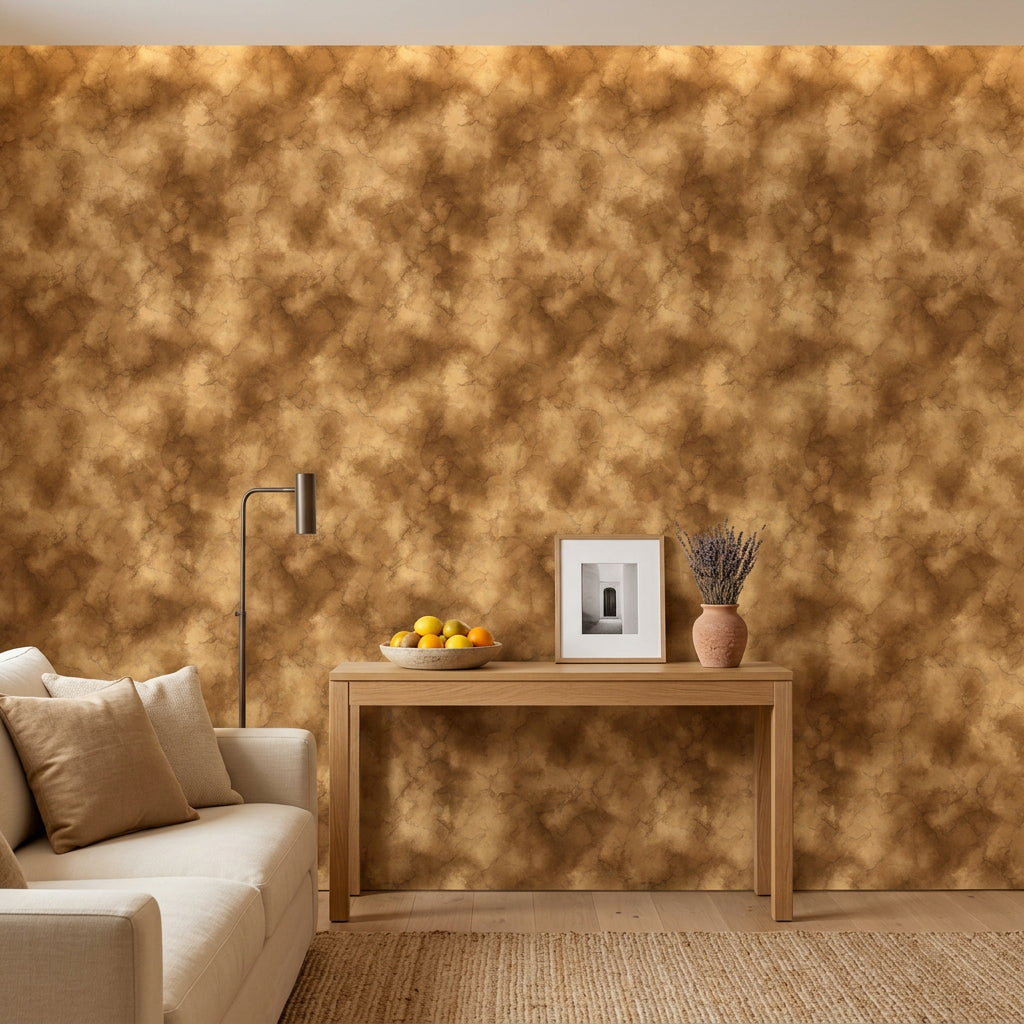 Bulut Efektli Duvar Kağıdı Sıcak Kahverengi Modern Salon