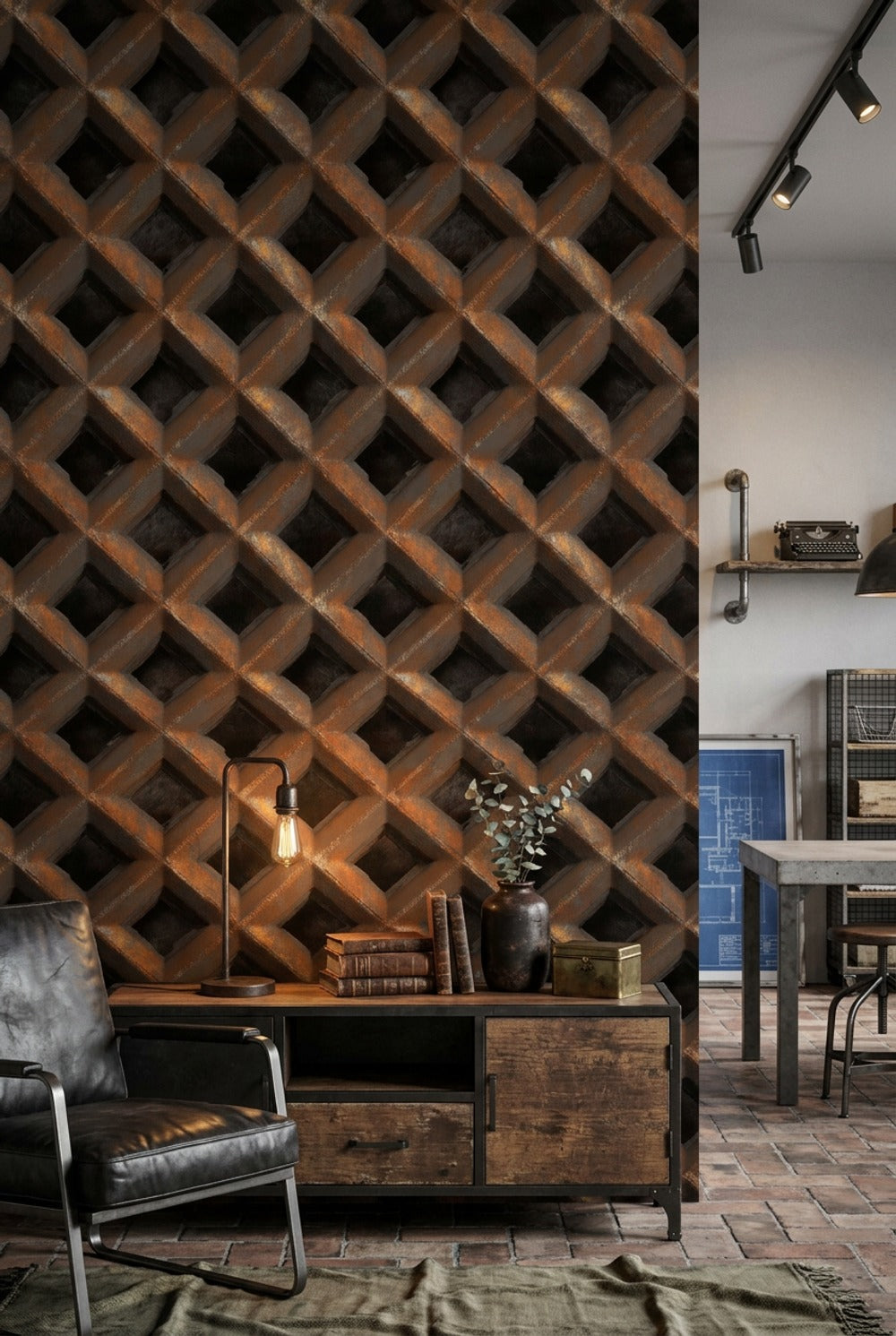 Geometrik Örgü Desenli Duvar Kağıdı Kahverengi Endüstriyel Salon
