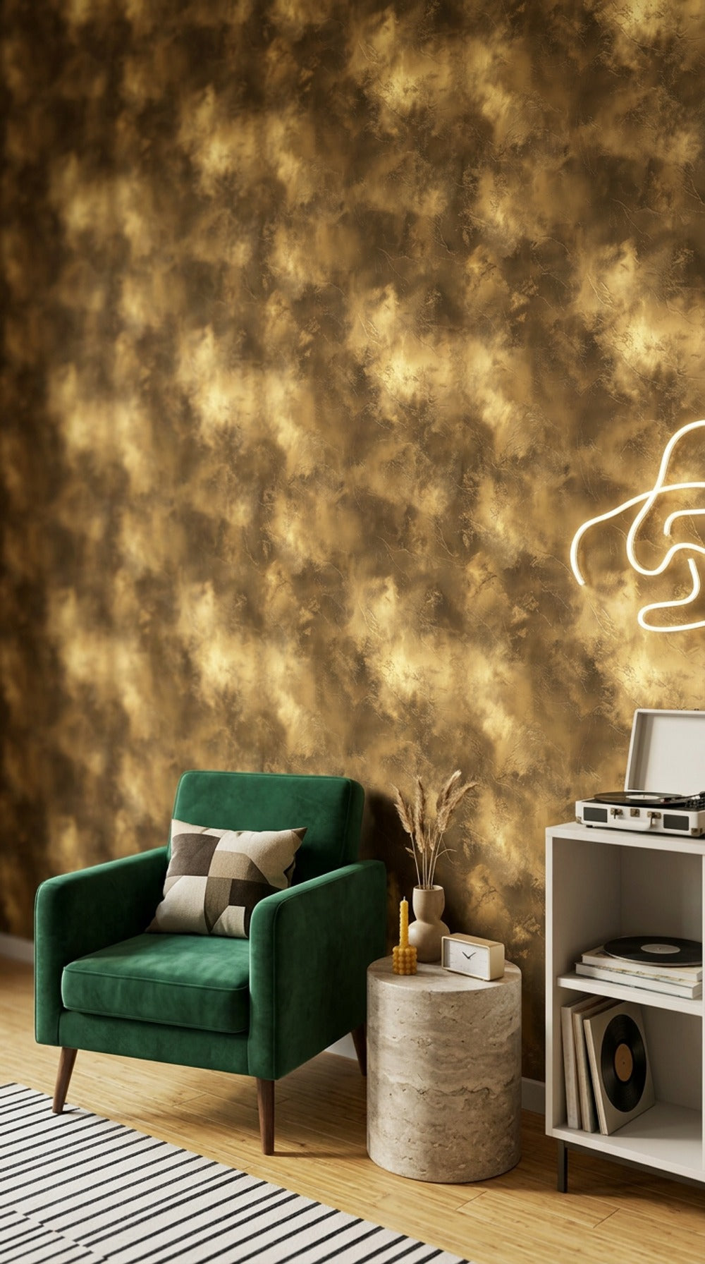 Altın Kahverengi Bulut Desenli Duvar Kağıdı Modern Salon