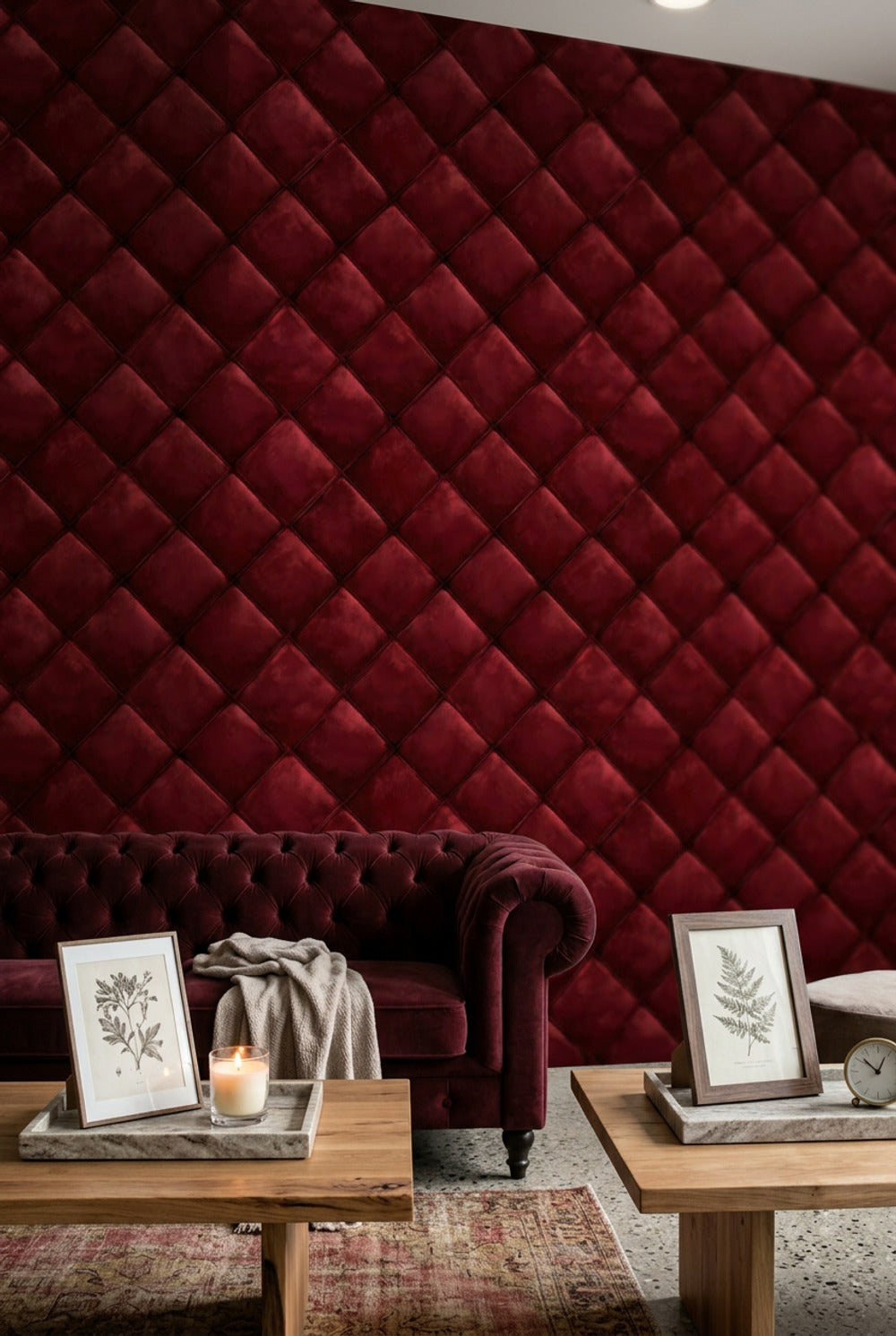 Bordo Kapitone Deri Görünümlü Duvar Kağıdı Modern Salon