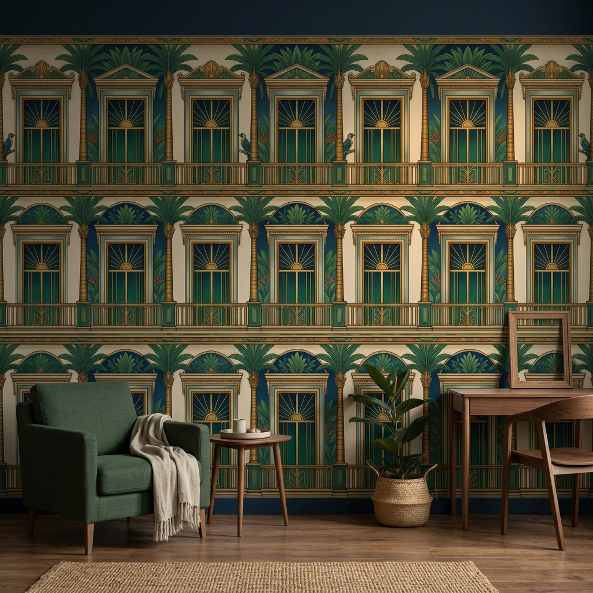 Art Deco Palmiye Desenli Poster Duvar Kağıdı Yeşil Lacivert