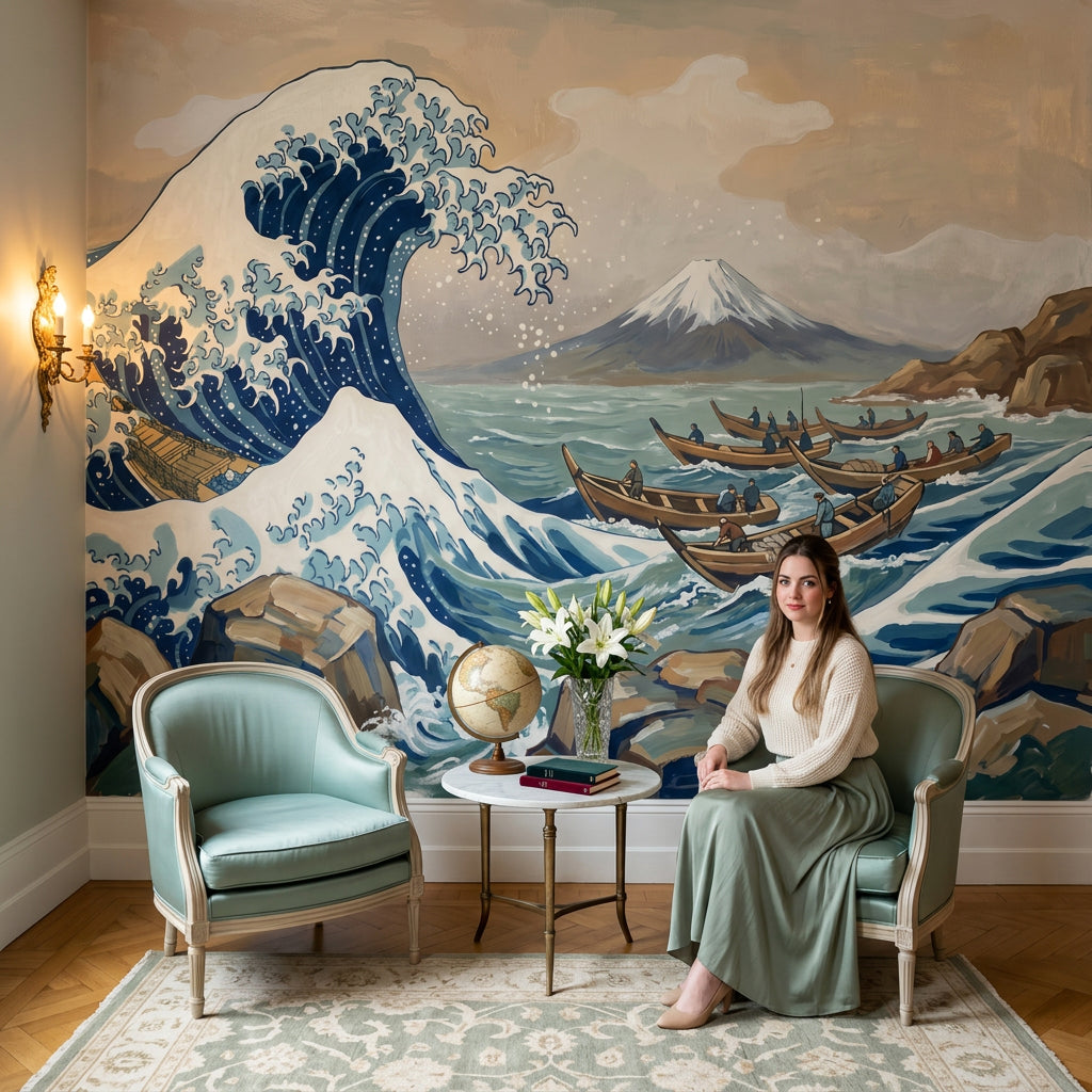 Japon Dalgaları Poster Duvar Kağıdı Mavi Deniz Manzarası