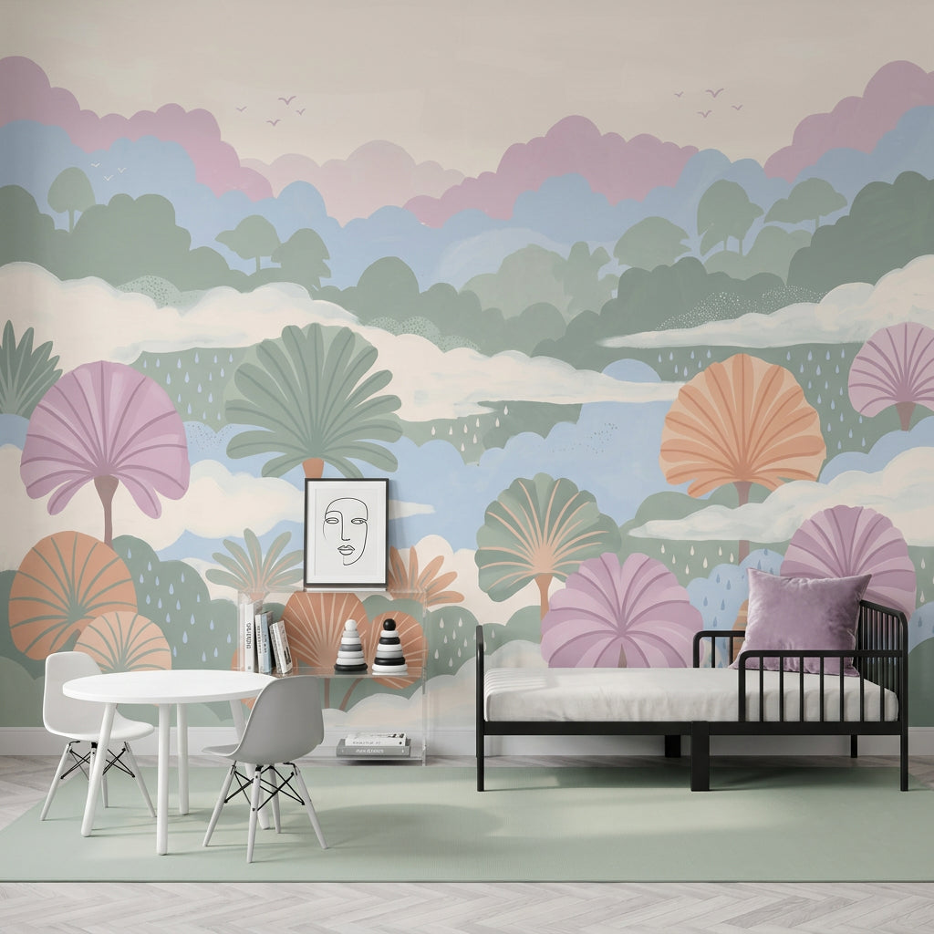 Pastel Orman Manzaralı Poster Duvar Kağıdı Çocuk Odası Bulutlu