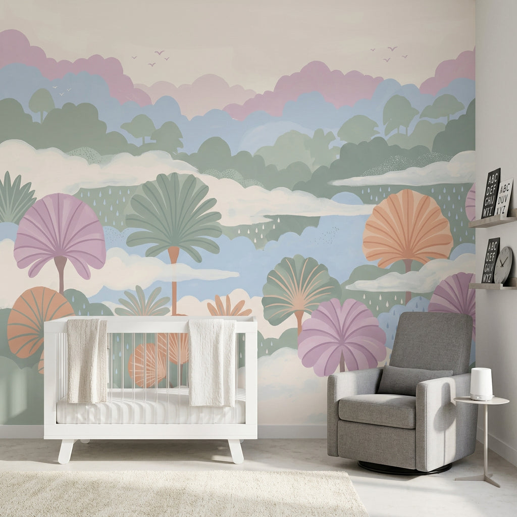 Pastel Orman Manzaralı Poster Duvar Kağıdı Çocuk Odası Bulutlu